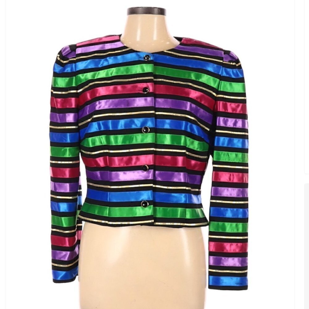 Vintage Maggy London Women's Sz 10 Petite Blazer Black Pink Gold Metallic Stripe